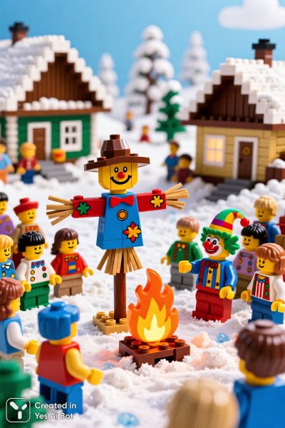 Яркая Масленица в мире Лего: веселье и традиции зимой. Картинка из нейронной сети Qwen Image