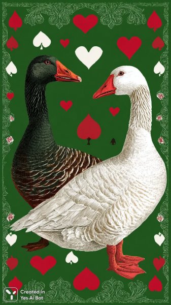 Забавные гуси с картами и сердцами на изумрудном фоне. Генерация из нейросети Midjourney