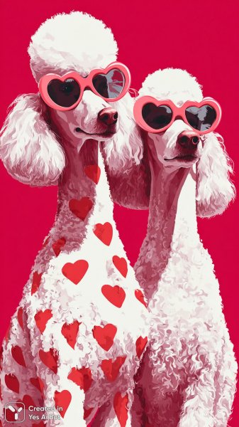 Две пудели в ярких образах и весёлом настроении. Изображение из нейронной сети Midjourney