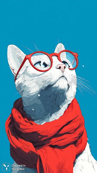 Белый кот в стильных очках и шарфе: современный минималистичный портрет с акцентом на глаза. Изображение из нейронной сети Миджорни