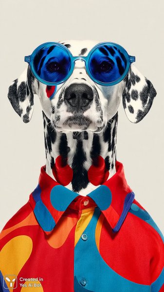 Далматиец в стиле поп-арт: яркий образ с солнечными очками и полосатой рубашкой. Изображение из нейросети Midjourney