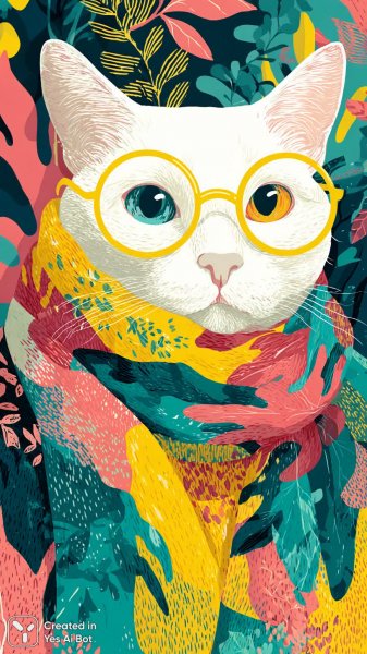 Стильный портрет кота в очках и шарфе. Изображение из нейронной сети Миджорни