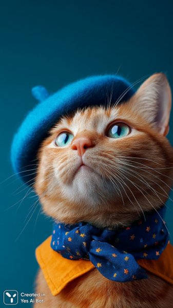 Игривый кот в голубом берете: стильный портрет с звездным ошейником. Изображение из нейросети Midjourney