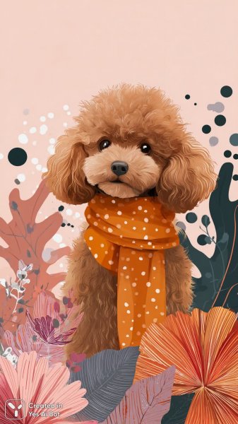 Милый пудель с шарфом в нежных тонах и цветами. Изображение из нейросети Midjourney