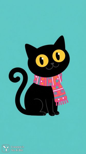 Чёрный кот с ярким шарфом в современном стиле иллюстрации. Генерация из нейронной сети NanoBanana