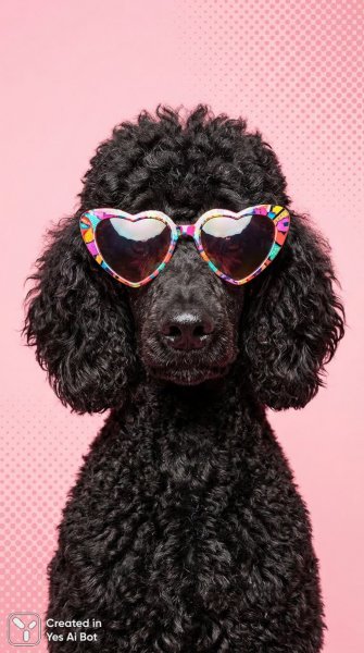 Стильный пудель в ярком свитере и солнцезащитных очках сердца. Нейронная сеть NanoBanana