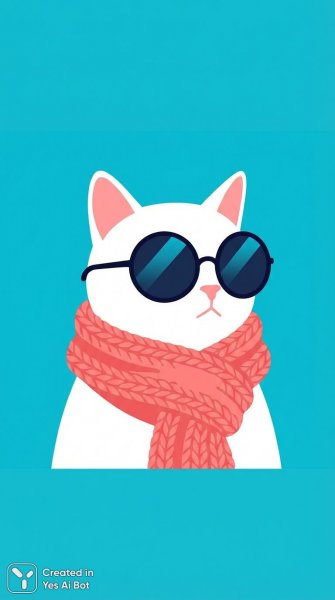 Белый кот в стильных очках и розовом шарфе: минимализм и яркие краски. Картинка из нейросети Nano Banana
