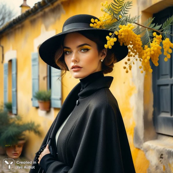 Миловидная женщина с мимозой в винтажном стиле и приглушенными тонами. Картинка из нейросети Stable Diffusion