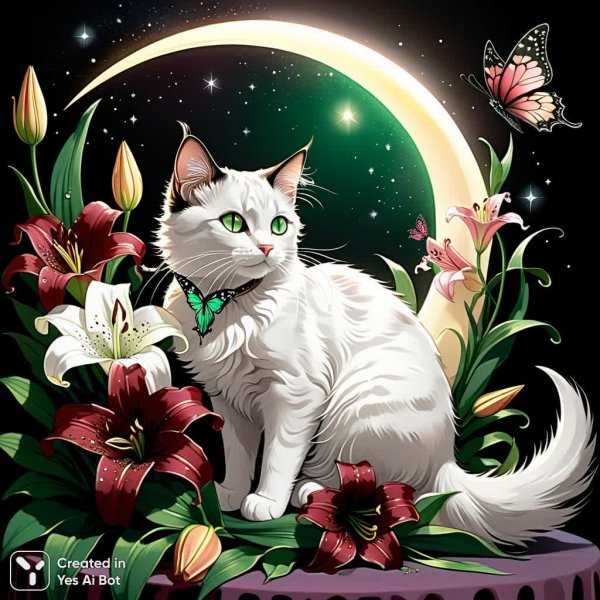 Лунный сад: кошка, лилии и бабочка в сказочном свете. Генерация из нейронной сети Stable Diffusion