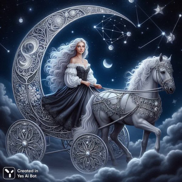 Божественная Дива: Серебряная лунная колесница в звездном небе. Генерация из нейросети Dalle
