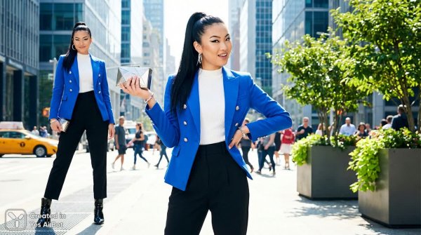 Городской шик: уверенность и стиль в ярком образе современной женщины. Изображение из нейронной сети NanoBanana