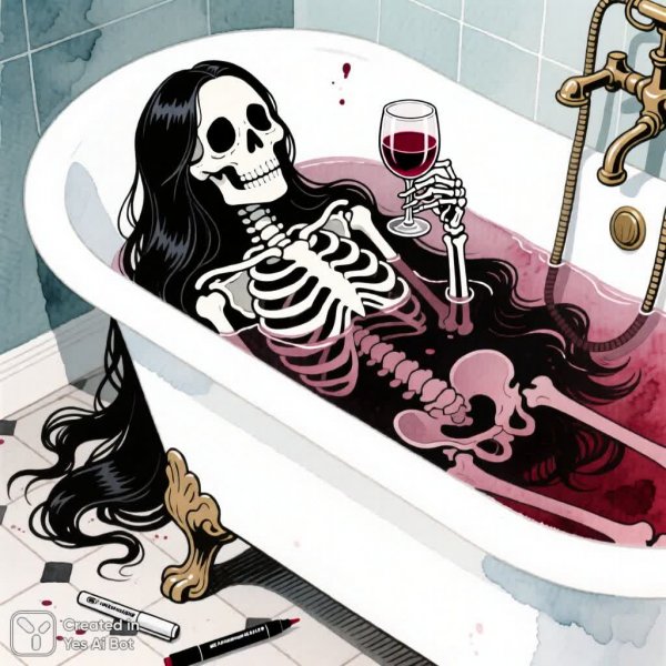 Скелет в ванной: мрачная красота акварели и чернил. Картинка из нейросети Qwen Image