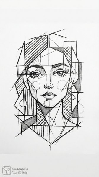 Лицо девушки в стиле кубизма, минималистичный эскиз. Изображение из нейронной сети Нано Банана