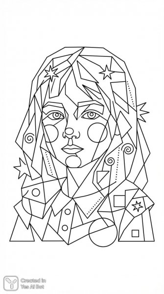 Черно-белый портрет девочки в стиле кубизма для раскрашивания. Генерация из нейронной сети Nano-Banana