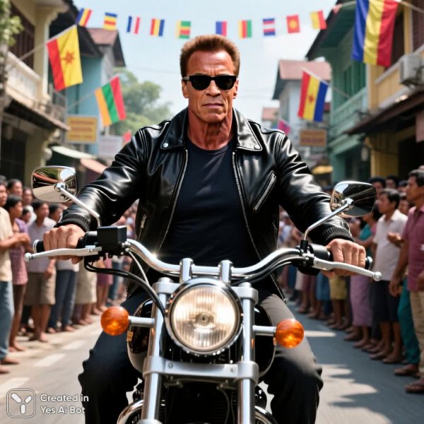Шварценеггер на мотоцикле: крутой кадр в азиатском городе. Нейросеть Qwen Image