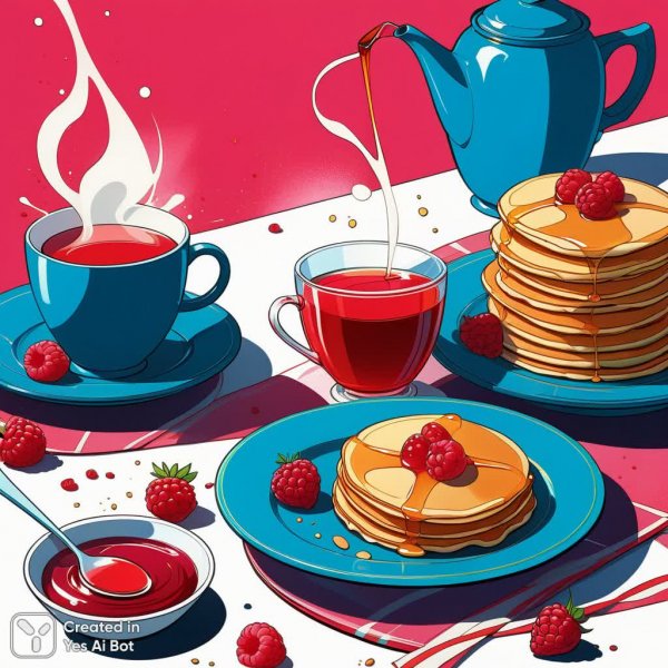 Сочный завтрак в стиле ретро: яркие блины и малиновый рай. Изображение из нейронной сети Stable Diffusion