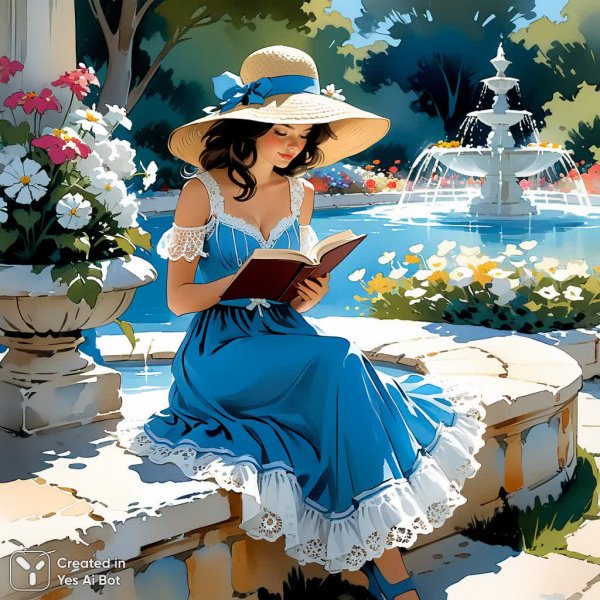 Летний этюд: девушка с книгой у фонтана в стиле Harrison Fisher. Нейросеть Stable Diffusion