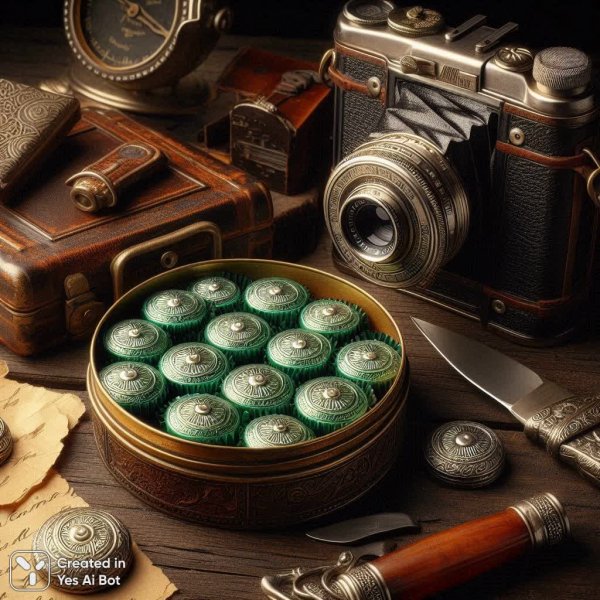 Винтажная композиция: конфеты, фото и тайны прошлого. Картинка из нейронной сети Dalle