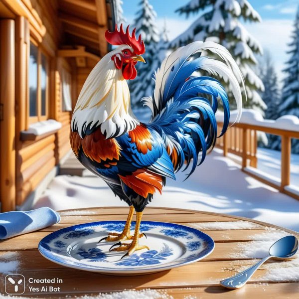 Гжельский петушок с золотыми блинчиками на крыле – зимнее чудо и радость. Картинка из нейронной сети Stable Diffusion
