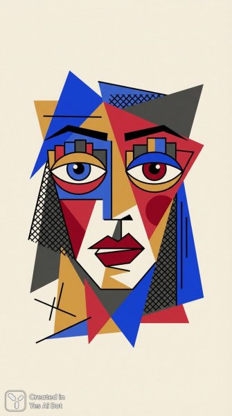 Яркий кубизм: женское лицо в треугольниках и цветах. Генерация из нейронной сети Нано Банана