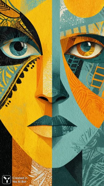 Разделенное лицо: яркий контраст и геометрия абстрактного искусства. Картинка из нейросети Midjourney