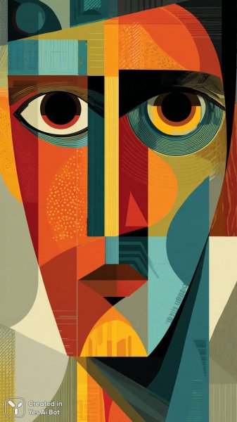 Кубизм и яркие краски: портрет с раздвоенным лицом и стилизованным взглядом. Генерация из нейронной сети Midjourney