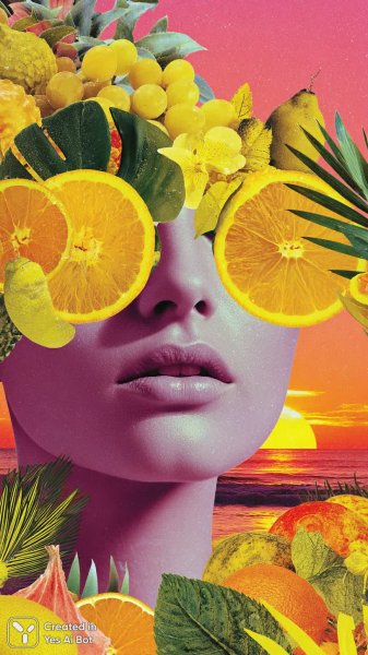 Летнее настроение: яркий коллаж с тропическими мотивами и солнцем в очках. Генерация из нейросети Midjourney