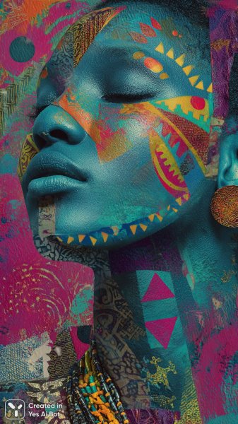 Яркое лицо в этнических узорах: сила и культурное наследие в динамичном изображении. Изображение из нейронной сети Миджорни