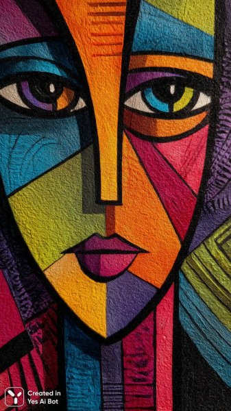 Яркое лицо в стиле кубизма с геометрией и глубиной. Изображение из нейронной сети Миджорни