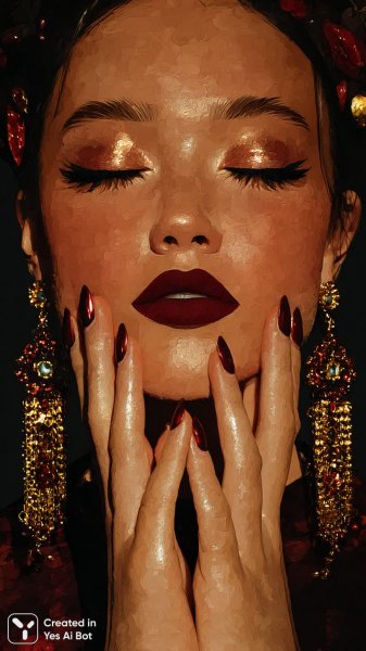 Яркий образ с драматичным макияжем и золотыми аксессуарами в студии. Нейросеть Миджорни