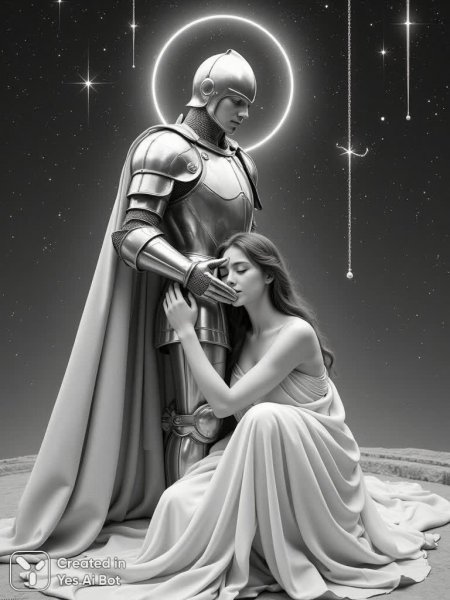 Защитник в сияющих доспехах и хрупкая девушка под звездным небом. Нейросеть Flux 1
