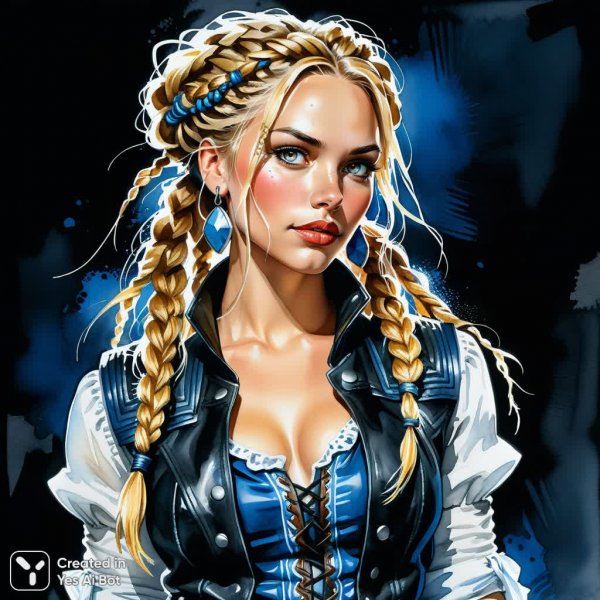 Блондинка с дредами в голубом платье и кожаном жилете на черном фоне. Картинка из нейронной сети Stable Diffusion