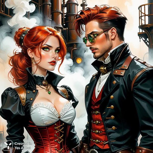 Стимпанк битва: прекрасный воин и дерзкий мужчина в акриле и акварели. Изображение из нейронной сети Stable Diffusion