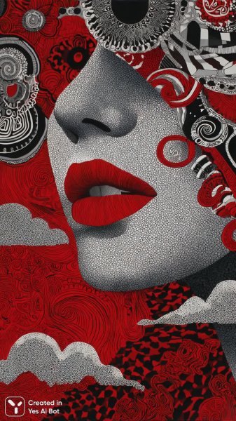 Загадочная красота: портрет с алыми губами и изысканными украшениями в красном пейзаже. Картинка из нейронной сети Midjourney