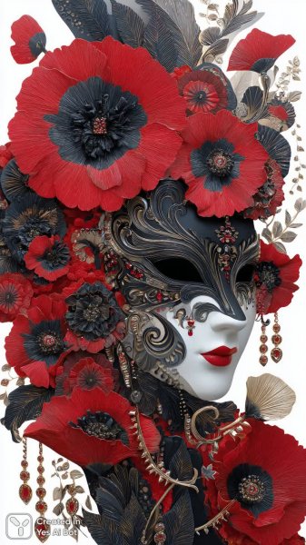 Завораживающая маска с цветами и камнями в черно-белом стиле. Нейронная сеть Миджорни