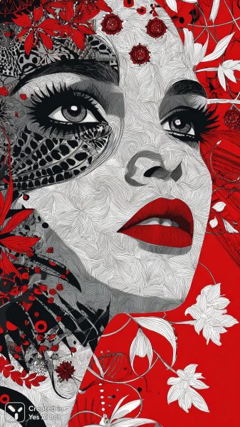 Загадочная красота в черно-белом танце с красной страстью и цветочными акцентами. Картинка из нейронной сети Midjourney