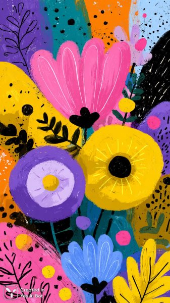 Веселый калейдоскоп: цветы, кактусы и игривые узоры в стиле doodle. Нейронная сеть Midjourney