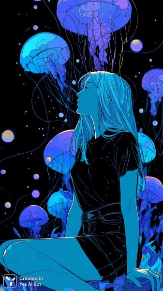 Загадочная кибердевочка в галактическом танце с медузами и планетами. Картинка из нейросети Миджорни