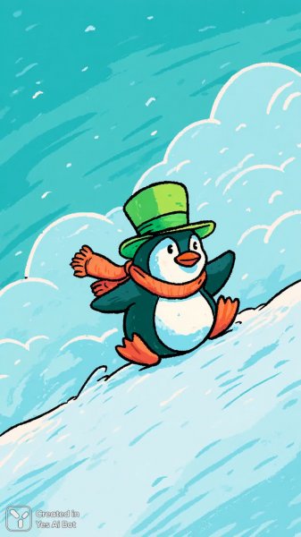 Веселый пингвин на горке снеговой под ярким небом. Изображение из нейросети Midjourney