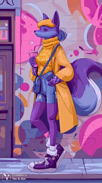 Лиса в фиолетовом берете на фоне яркой уличной граффити: иллюстрация в стиле Y2K. Генерация из нейронной сети Midjourney