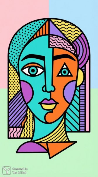 Яркий кубизм: женский портрет для раскрашивания и вдохновения. Картинка из нейронной сети Nano-Banana