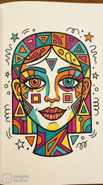 Яркий портрет абстрактной девушки в стиле раскраски с геометрией и акцентом на глаза и губы. Генерация из нейросети Нано Банана