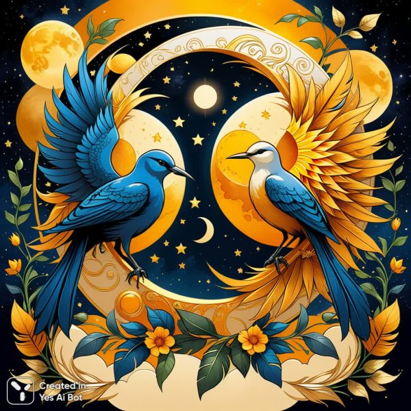 Солнце и луна: симметрия природы и птичьего полёта в ботаническом обрамлении. Генерация из нейросети Stable Diffusion