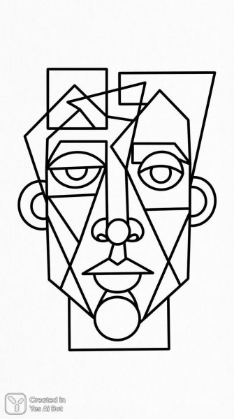 Черно-белый портрет мужчины в стиле кубизма и упрощенной графике для раскрашивания без заливки цветом. Изображение из нейронной сети NanoBanana