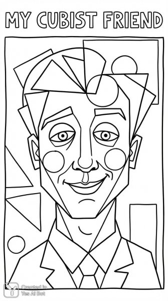 Кубистический портрет мужчины для детской раскраски в черно-белых тонах с игривым выражением лица. Картинка из нейросети Нано Банана