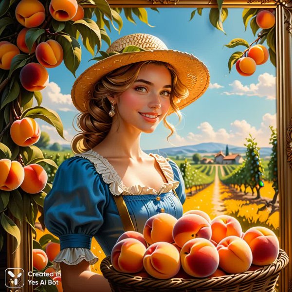 Иллюзия ожившей картины: девушка из золотой рамы и персики на полу. Нейросеть Stable Diffusion