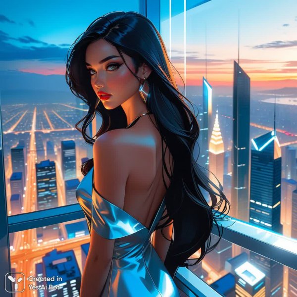 Элегантная девушка в современном офисе с видом на город. Изображение из нейронной сети Стейбл Дифьюжен