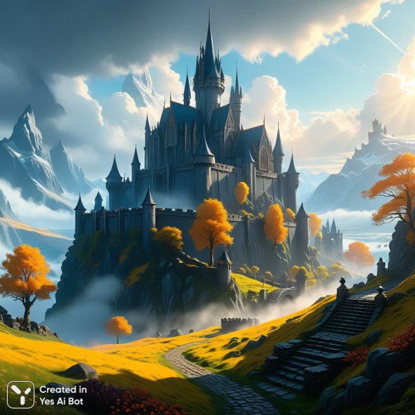 Величественный замок в мире Толкиена: концепт-арт эпической эпохи и туманной сказки. Изображение из нейронной сети Stable Diffusion