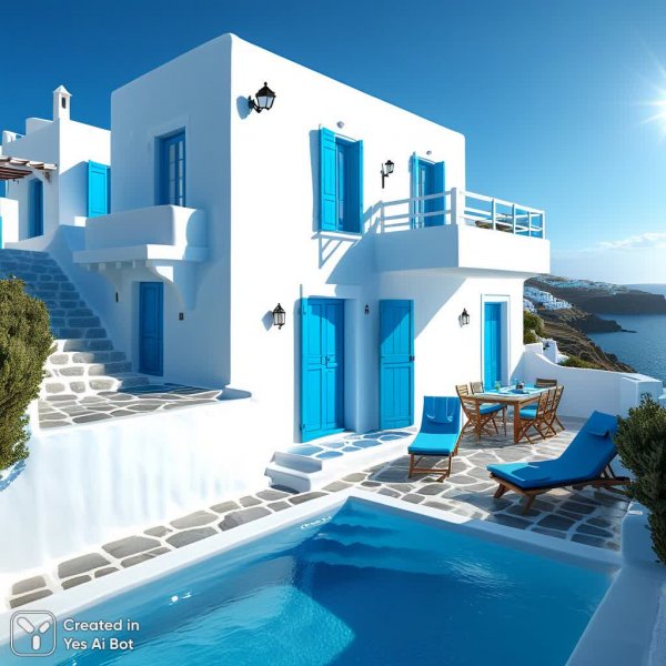 Вилла на Миконосе: Бесконечная морская панорама и средиземноморский шарм. Генерация из нейронной сети Stable Diffusion