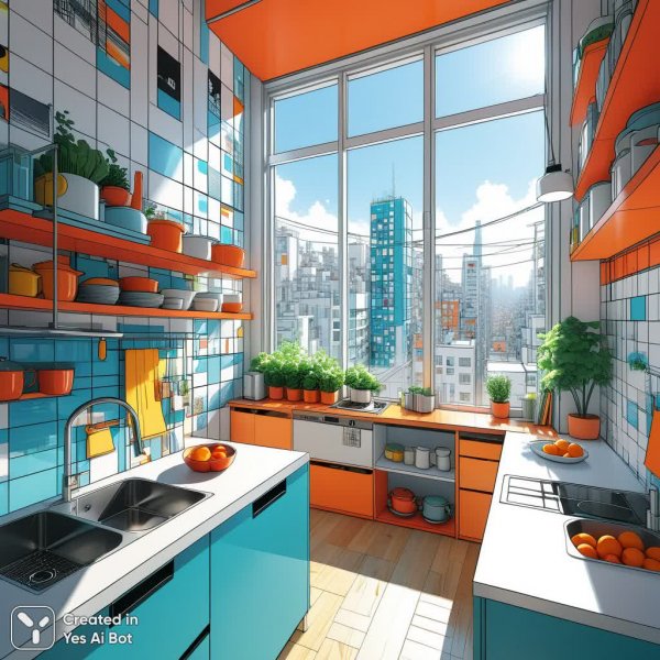 Кухонное пространство в стиле Су Фудзимото: городские пейзажи и фотореализм. Генерация из нейросети Стейбл Дифьюжен
